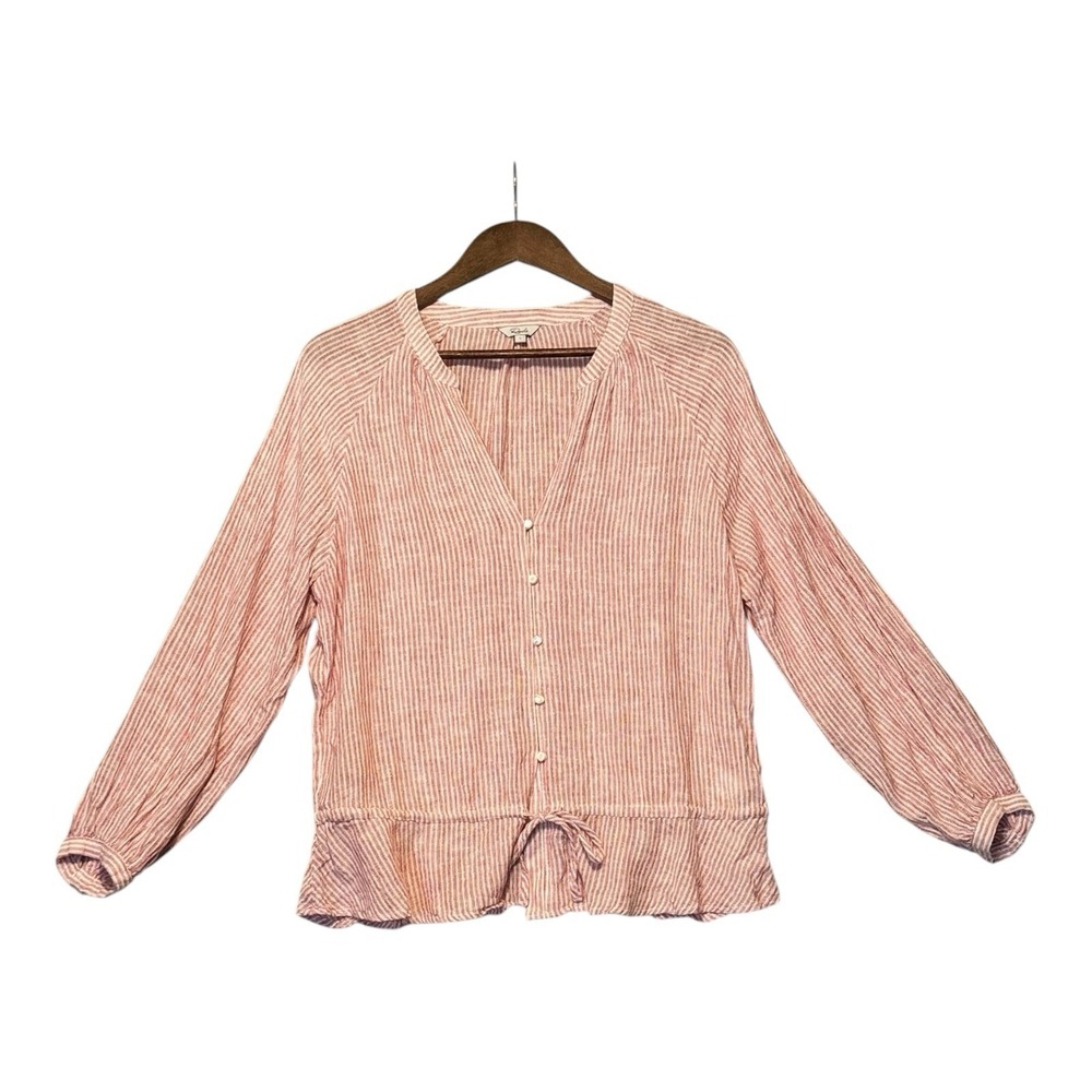 Rails Womens Marti Top L Red Stripe Long Sleeve Linen Blend Split Neck‎ Casual - Picture 2 of 8
